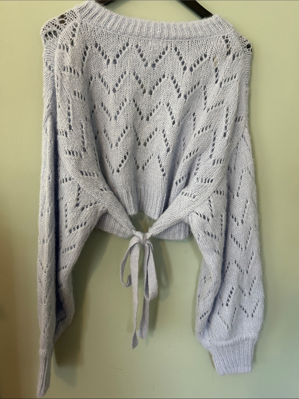 Kimchi Blue Powder Blue Pointelle Tie-Back Cropped Cardigan - size large - Picture 6 of 8
